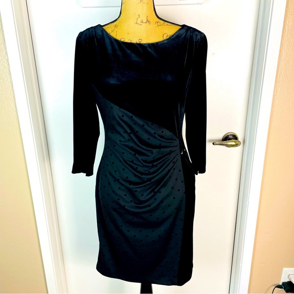 Tahari 6P Black Midi Dress Woman Dots 3/4 Sleeve Rhinestone Evening Party Velvet - Picture 1 of 14